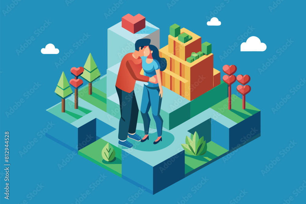 A man and a woman are standing on top of a building, Kissing Customizable Isometric Illustration