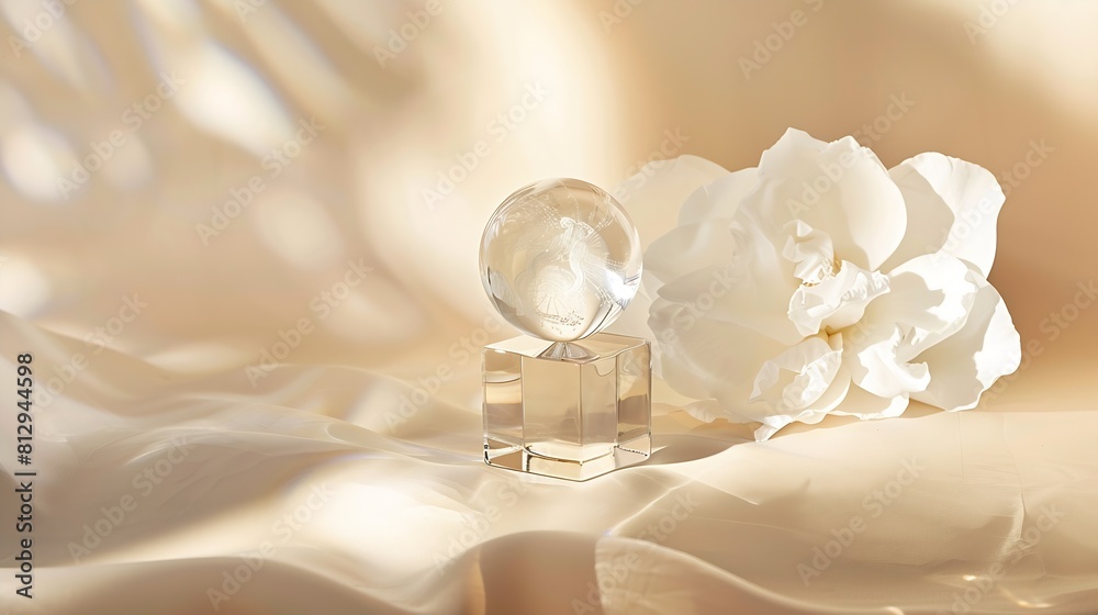 Skincare and cosmetic product showcase stand photography for online marketing include crystal ball and crystal cube stand on beige background with white flower : Generative AI Skincare and cosmetic product showcase stand photography for online marketing include crystal ball and crystal cube stand on beige background with white flower : Generative AI