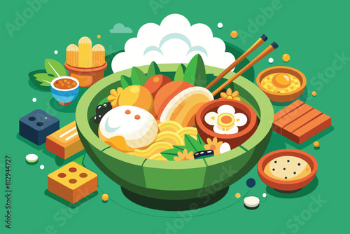 A bowl filled with various types of Korean food, customizable and illustrated in a flat style, Korean food Customizable Flat Illustration