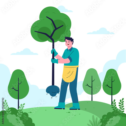 Vector flat illustration, young people go green, plant tree, saving the planet, World Environment Day,