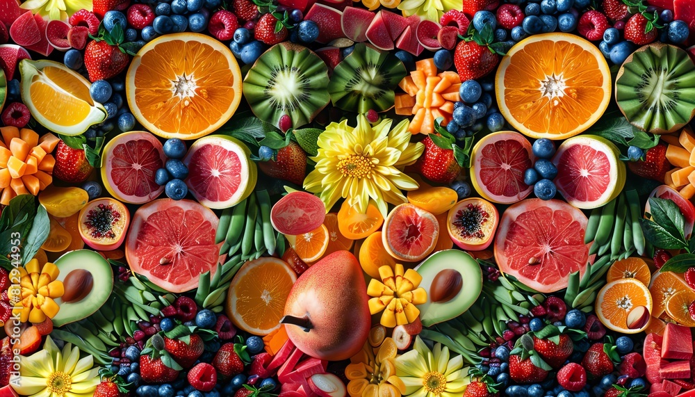 Illustrate a kaleidoscope of chopped fruits and vegetables in a hyper-realistic yet surreal manner