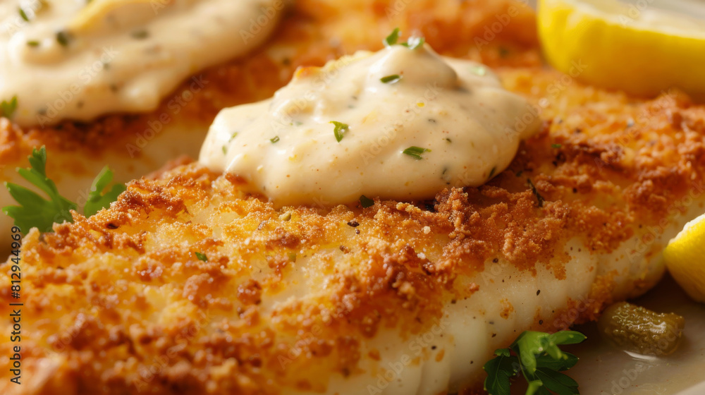 Golden breaded fish fillets with creamy tartar sauce, lemon, and parsley, served on a white plate in a close-up shot Golden breaded fish fillets with creamy tartar sauce, lemon, and parsley, served on a white plate in a close-up shot