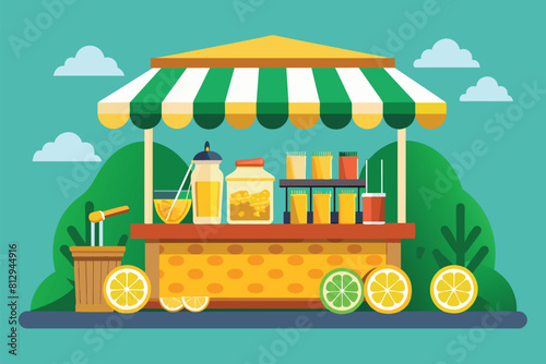 Lemonade stand with fresh lemons and a pitcher of lemonade on a sunny day, Lemonade stand Customizable Flat Illustration