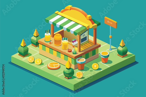 Isometric illustration of a customizable food stand selling fresh oranges, Lemonade stand Customizable Isometric Illustration