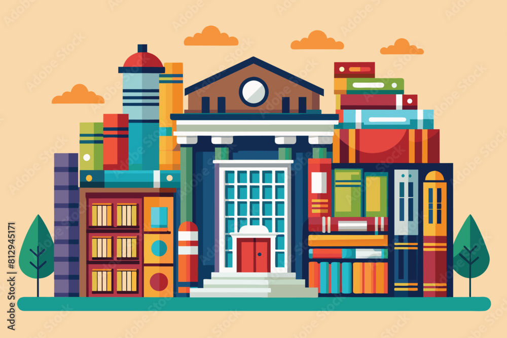 A building with a large collection of books displayed on its rooftop, Library Customizable Disproportionate Illustration A building with a large collection of books displayed on its rooftop, Library Customizable Disproportionate Illustration