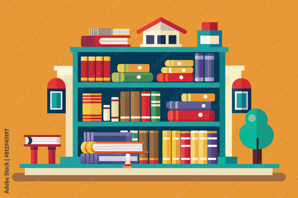 A bookshelf brimming with various books positioned next to a tree in an outdoor setting, Library Customizable Disproportionate Illustration A bookshelf brimming with various books positioned next to a tree in an outdoor setting, Library Customizable Disproportionate Illustration