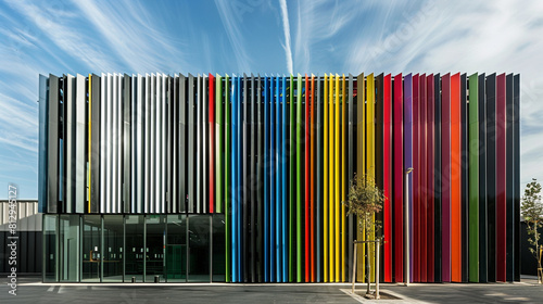 Contemporary warehouse designed with vertical colorful metal slats, creating a rippling effect that animates the buildinga??s exterior with the breeze. photo