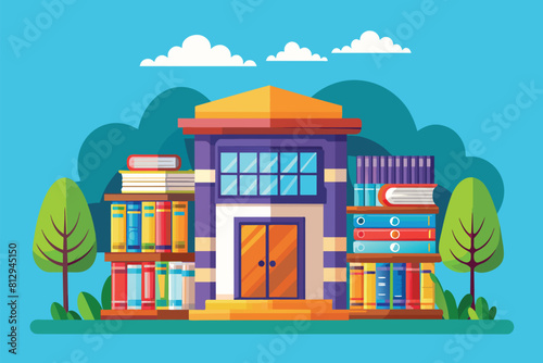 A house entirely covered in numerous books stacked on top of each other  Library Customizable Cartoon Illustration
