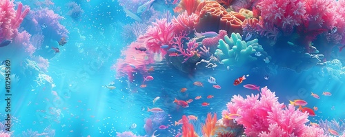 Illustrate a whimsical underwater world with colorful coral reefs and exotic fish using unexpected camera angles that immerse viewers in the aquatic scene Utilize a vibrant waterco