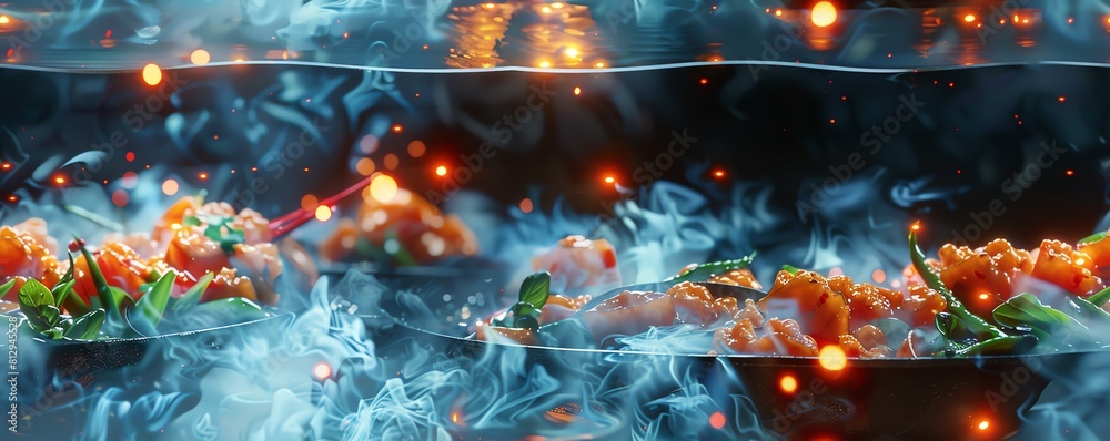 Immerse the viewer in a world where digital recipe projections blend with sizzling woks at a daring tilted perspective Show the fusion of advanced tech with gastronomic delights th Immerse the viewer in a world where digital recipe projections blend with sizzling woks at a daring tilted perspective Show the fusion of advanced tech with gastronomic delights th