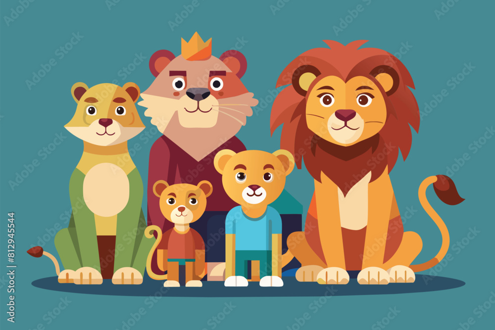 Fototapeta premium A cluster of lions gathered closely together, sitting side by side in a simple formation, Lion family Customizable Flat Illustration