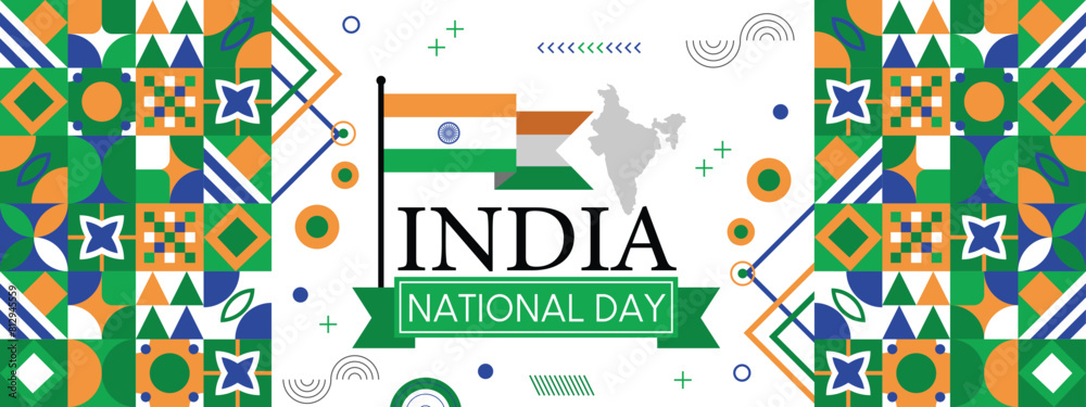 INDIA national day banner with map, flag colors theme background and geometric abstract retro modern colorfull design INDIA national day banner with map, flag colors theme background and geometric abstract retro modern colorfull design