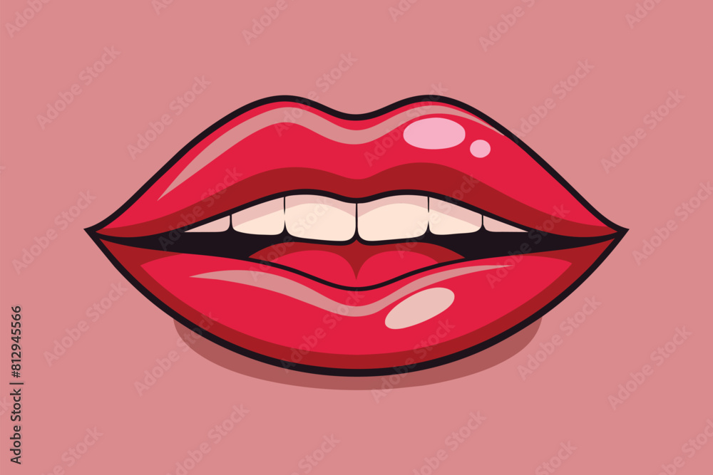 Detailed view of red lips with white teeth in a close-up shot, Lip filler Customizable Cartoon Illustration Detailed view of red lips with white teeth in a close-up shot, Lip filler Customizable Cartoon Illustration