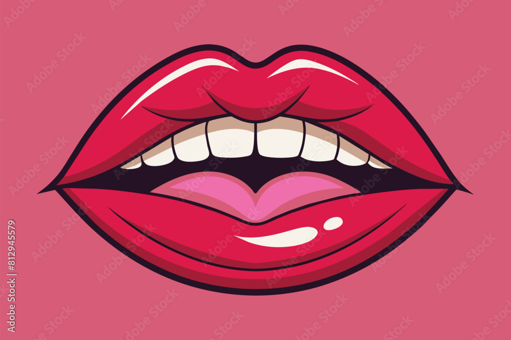 A cartoon illustration of red lips with white teeth against a pink backdrop, Lip filler Customizable Cartoon Illustration A cartoon illustration of red lips with white teeth against a pink backdrop, Lip filler Customizable Cartoon Illustration