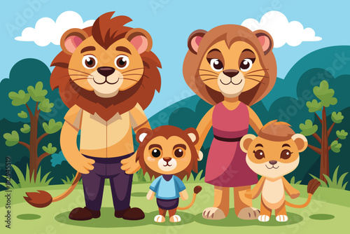 A group of lions, consisting of both adults and cubs, standing closely beside each other in a unified display, Lion family Customizable Cartoon Illustration