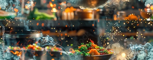 Immerse the viewer in a world where digital recipe projections blend with sizzling woks at a daring tilted perspective Show the fusion of advanced tech with gastronomic delights th photo