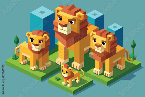 A group of lions stand majestically on a lush green field, showcasing their regal presence, Lion family Customizable Isometric Illustration