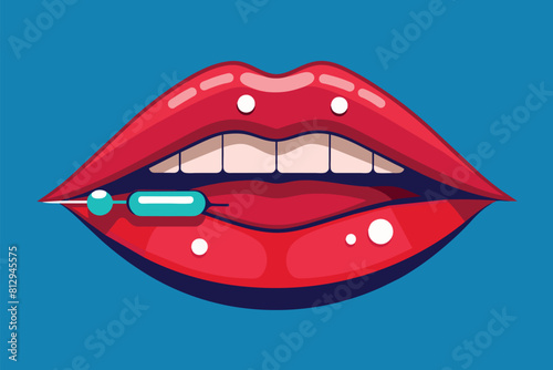 A womans mouth with a pen sticking out of it, showcasing the concept of illustration or customization related to lip fillers, Lip filler Customizable Disproportionate Illustration