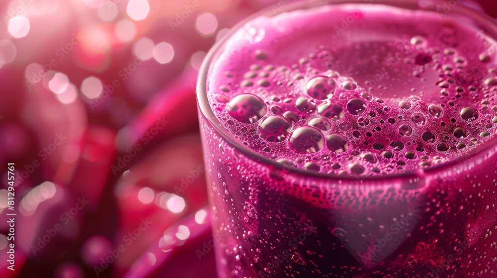 Beetroot and apple smoothie, deep purple, frothy top, closeup in soft daylight Beetroot and apple smoothie, deep purple, frothy top, closeup in soft daylight