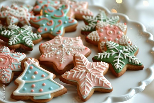 Festive gingerbread cookies with colorful icing served on a white plate