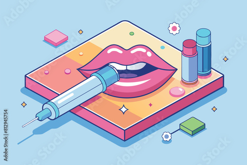 An isometric illustration showcasing a lipstick with a syringe sticking out of it, Lip filler Customizable Isometric Illustration