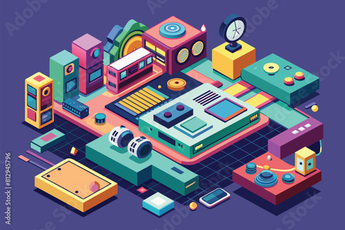 Assorted items neatly stacked and organized on a tabletop in a room, Lo-fi concept Customizable Isometric Illustration
