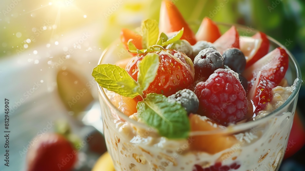 Breakfast meal prep, overnight oats with fruit, close view, soft morning light Breakfast meal prep, overnight oats with fruit, close view, soft morning light