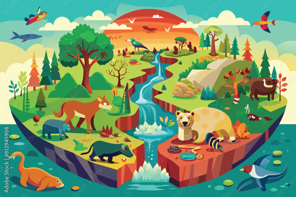 Naklejka premium Various animals of different colors and sizes moving around in a lush forest setting, Loss of biodiversity Customizable Disproportionate Illustration
