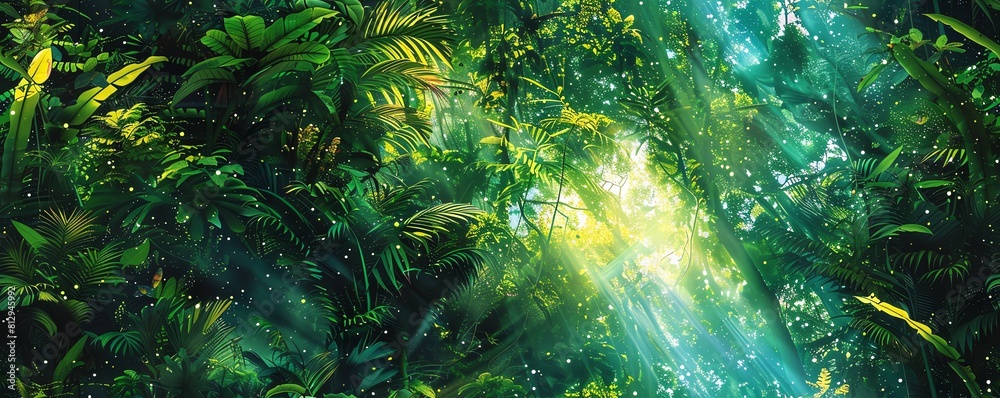 Picture a digital interpretation of a lush rainforest canopy drenched in Pointillism style Picture a digital interpretation of a lush rainforest canopy drenched in Pointillism style