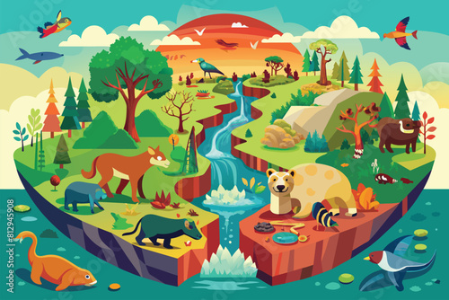 Various animals of different colors and sizes moving around in a lush forest setting  Loss of biodiversity Customizable Disproportionate Illustration