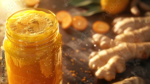 Carrot and ginger juice in a clear jar, closeup, golden hour lighting, vivid orange hues photo