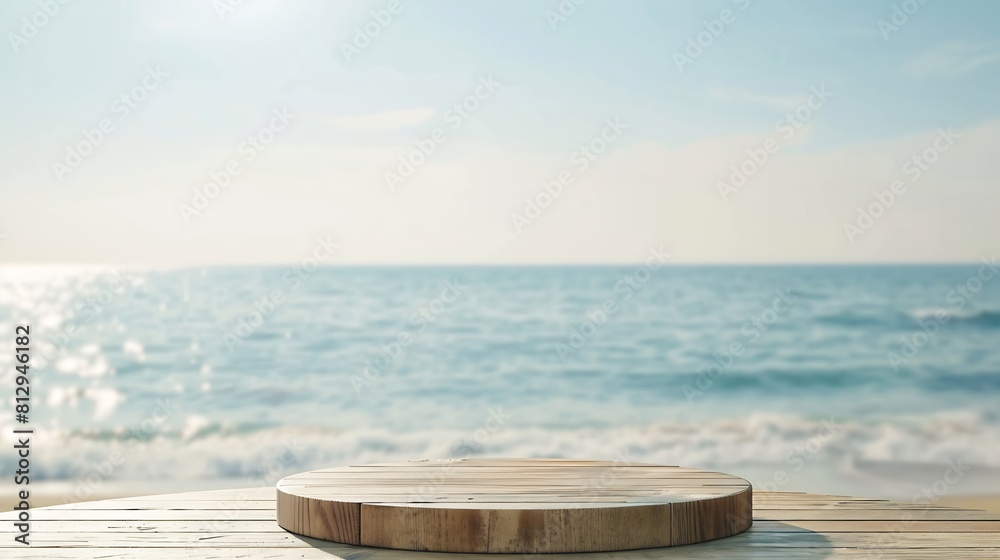 Wooden pedestal of free space for your decoration and summer landscape of beach : Generative AI