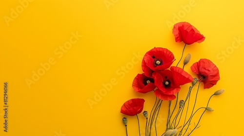 Red poppies flower on yellow background Bouquet of red poppy Common poppy yellow layout Bunch of red flowers Card frame boarder Papaver rhoeas layout copy space  Minimal aesthetic : Generative AI