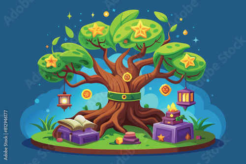 A cartoon tree with a cluster of stars around it, creating a magical and whimsical scene, Magic tree Customizable Disproportionate Illustration