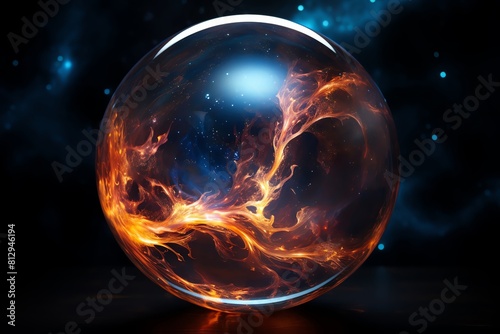 A surreal stock image of a beautifully rendered nebula encased in a clear glass orb, set against a stark black background to enhance the cosmic colors