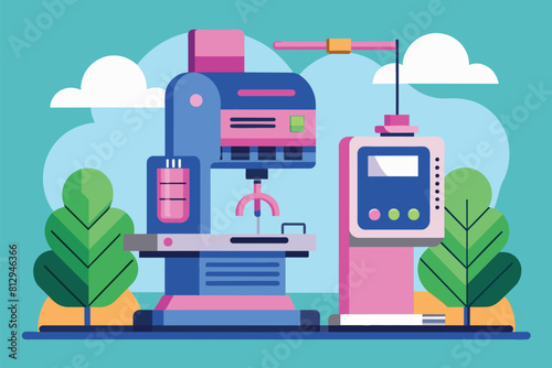 A machine is positioned in the center of a vast field, surrounded by open space under a clear sky, Mammography Customizable Cartoon Illustration