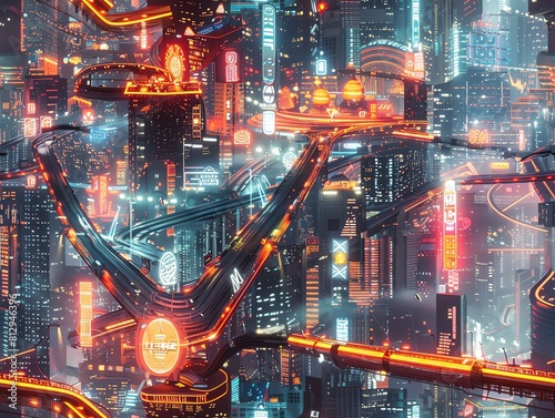 Visualize a futuristic cityscape where Cyberpunk architecture clashes harmoniously with technologically advanced AI hubs Experiment with dramatic dutch angles and fisheye perspecti photo