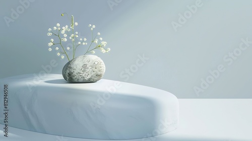 A minimalistic scene of a lying stone with flowers on a light blue background Catwalk for the presentation of products and cosmetics Showcase with a stage for natural products   Generative AI