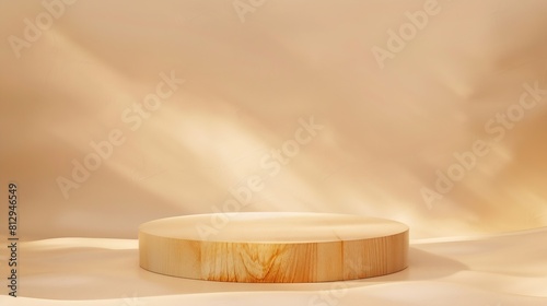 Wood podium over natural sand beige background for cosmetic product mockup Concept scene stage showcase for product promotion sale banner skin care or cosmetic Wooden stand studio empt : Generative AI