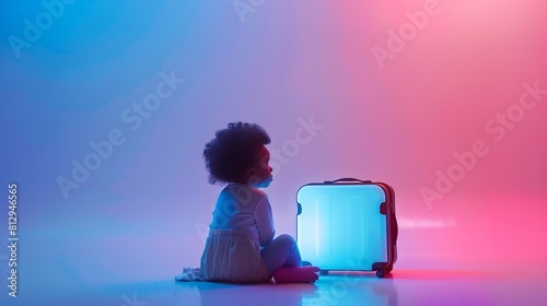 TravelTodler sits near a suitcase with things and dreams of a vacation traveling after quarantine lockdown covid 19 Staycationlocal travelTourism after the opening of borders end of qu : Generative AI photo