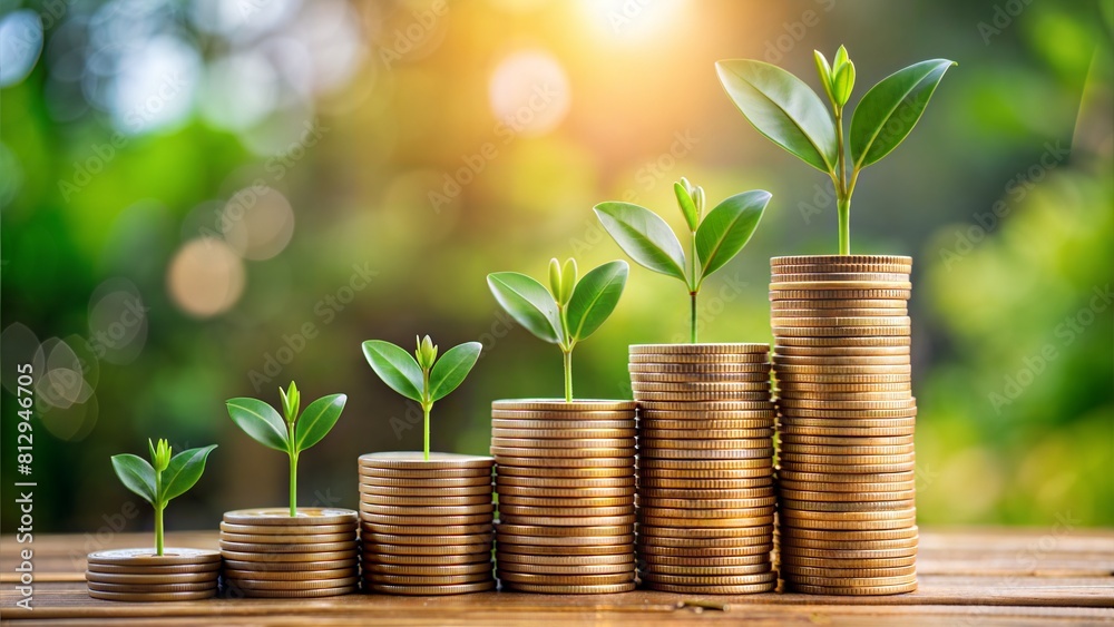 Obraz premium Coins with Growth Plant: A photo of coins arranged around a growing plant or sprout, representing financial growth, investments, or wealth accumulation over time. 