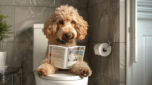 A dog is sitting on a toilet and reading a newspaper photo