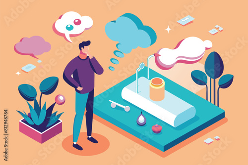 A man standing in front of a plant with a thought bubble above his head, Man infertility Customizable Isometric Illustration