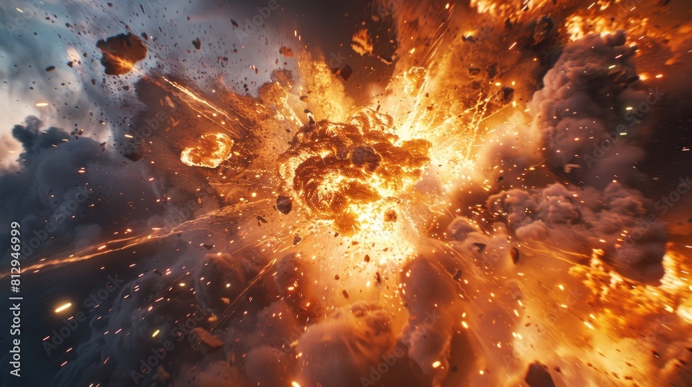 A fiery explosion in the sky with a lot of debris A fiery explosion in the sky with a lot of debris
