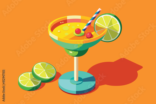 A refreshing margarita cocktail featuring vibrant colors, a straw, and lime slices, Margarita cocktail Customizable Isometric Illustration