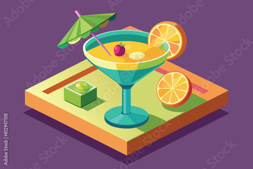 A margarita cocktail served in a glass, garnished with an orange slice and a decorative umbrella, Margarita cocktail Customizable Isometric Illustration