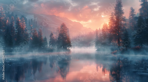 A misty morning scene with a tranquil lake surrounded by dense forest, reflecting the soft hues of dawn in the waterultra detailed photo