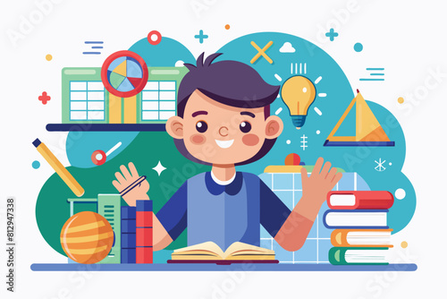 A young boy is sitting at a desk surrounded by books and a lamp, engaged in studying or reading, Mathematics Customizable Cartoon Illustration