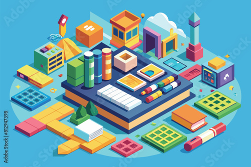 Various items of different shapes, sizes, and colors arranged on a table, Mathematics Customizable Isometric Illustration
