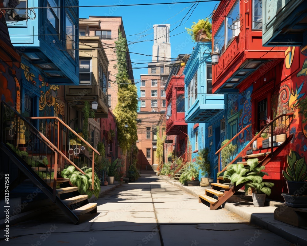 Obraz premium Craft a photorealistic scene of a hidden alley transformed into an urban art gallery, where graffiti intertwines with architectural details
